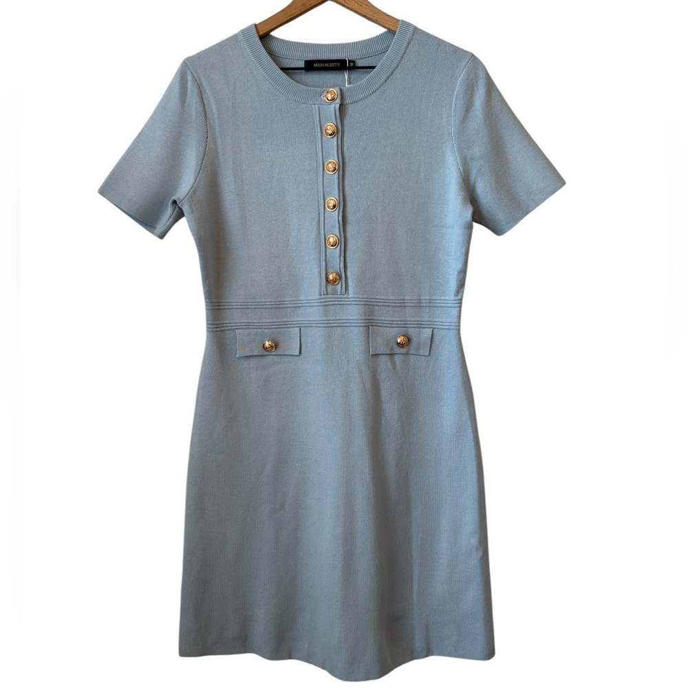 NEW Merokeety Knit Bodycon Sweater Dress Md Blue Button Short Sleeve Crew Neck